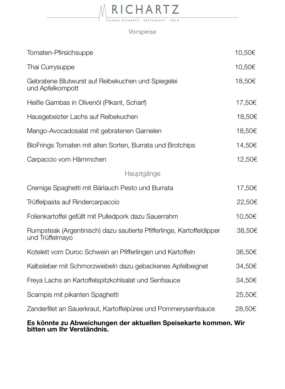 Tageskarte Restaurant Richartz